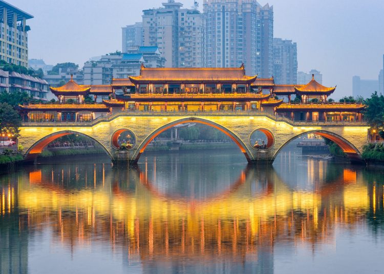 Chengdu, China River and Bridge