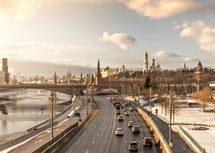 City view of the Moskva River and the Kremlin in winter.Tourism in Russia