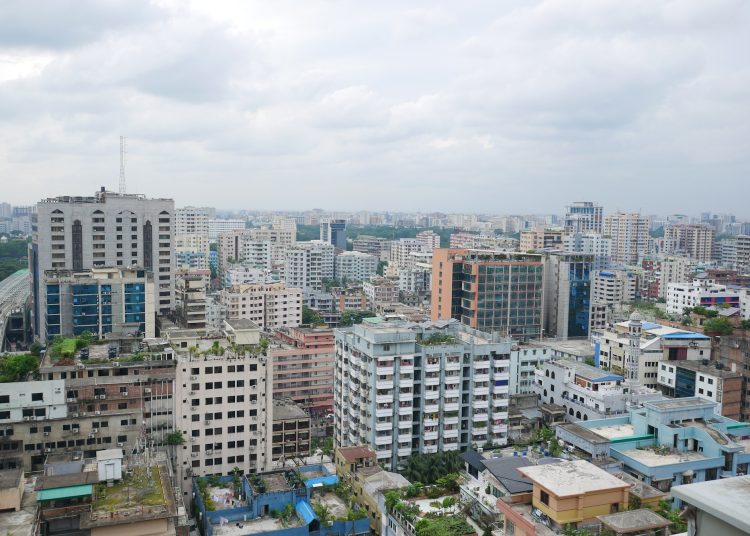 high angle view of dhaka city residential and financial buildings at sunny day